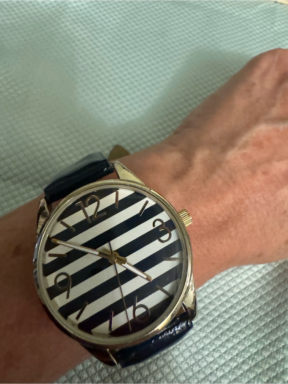 Women’s Blue & White Striped Dial Watch with Gold Case Blue Strape